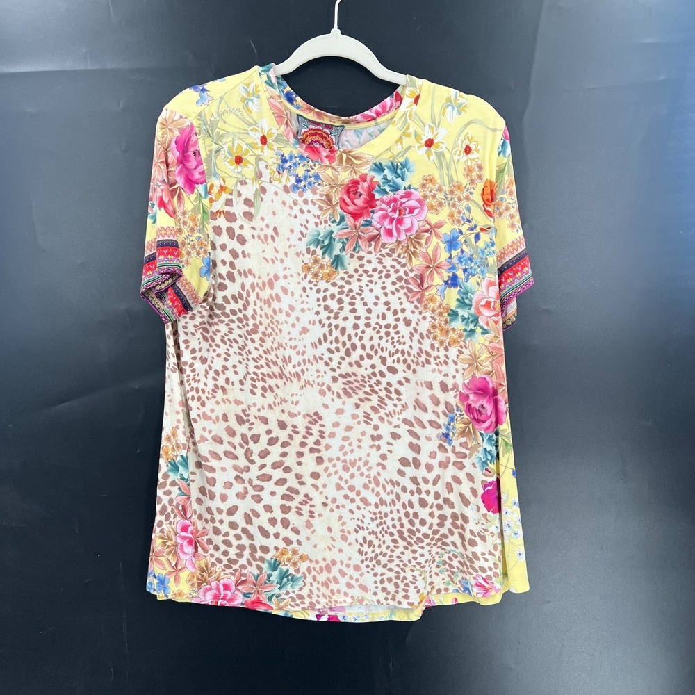 Johnny Was Wildflower Leopard Floral Swing Tee Boho Cottagecore‎ Top Bamboo L